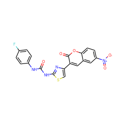 O=C(Nc1ccc(F)cc1)Nc1nc(-c2cc3cc([N+](=O)[O-])ccc3oc2=O)cs1 ZINC000261125716