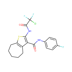 O=C(Nc1ccc(F)cc1)c1c(NC(=O)C(F)(F)Cl)sc2c1CCCCC2 ZINC001772631533