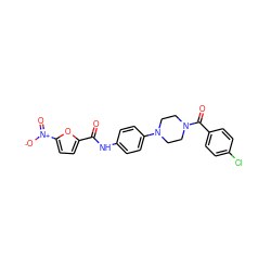 O=C(Nc1ccc(N2CCN(C(=O)c3ccc(Cl)cc3)CC2)cc1)c1ccc([N+](=O)[O-])o1 ZINC000001065222