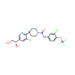 O=C(Nc1ccc(OC(F)(F)F)c(Cl)c1)N1CCC(F)(c2ncc([C@H](O)CO)cc2Cl)CC1 ZINC000043200365