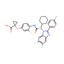 O=C(Nc1ccc(OC2(C(=O)O)CC2)cc1F)[C@H](C1CCCCC1)n1c(-c2ccc(Cl)cc2)nc2cc(F)c(F)cc21 ZINC000043206474