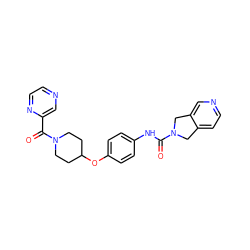 O=C(Nc1ccc(OC2CCN(C(=O)c3cnccn3)CC2)cc1)N1Cc2ccncc2C1 ZINC000166800050