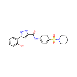 O=C(Nc1ccc(S(=O)(=O)N2CCCCC2)cc1)c1cc(-c2ccccc2O)n[nH]1 ZINC000009293016