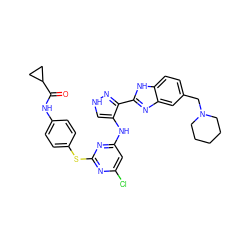 O=C(Nc1ccc(Sc2nc(Cl)cc(Nc3c[nH]nc3-c3nc4cc(CN5CCCCC5)ccc4[nH]3)n2)cc1)C1CC1 ZINC000096271631