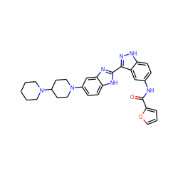 O=C(Nc1ccc2[nH]nc(-c3nc4cc(N5CCC(N6CCCCC6)CC5)ccc4[nH]3)c2c1)c1ccco1 ZINC000036241946