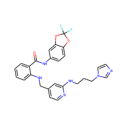 O=C(Nc1ccc2c(c1)OC(F)(F)O2)c1ccccc1NCc1ccnc(NCCCn2ccnc2)c1 ZINC000028951811