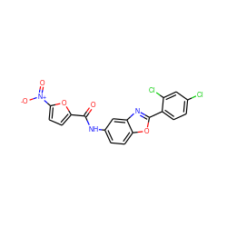 O=C(Nc1ccc2oc(-c3ccc(Cl)cc3Cl)nc2c1)c1ccc([N+](=O)[O-])o1 ZINC000000830424