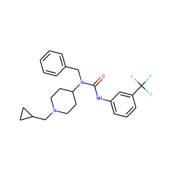 O=C(Nc1cccc(C(F)(F)F)c1)N(Cc1ccccc1)C1CCN(CC2CC2)CC1 ZINC001772630548