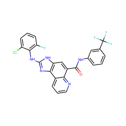 O=C(Nc1cccc(C(F)(F)F)c1)c1cc2[nH]c(Nc3c(F)cccc3Cl)nc2c2cccnc12 ZINC000205325511