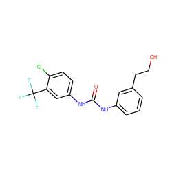 O=C(Nc1cccc(CCO)c1)Nc1ccc(Cl)c(C(F)(F)F)c1 ZINC000084619351