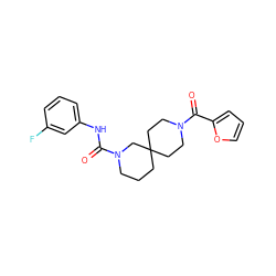 O=C(Nc1cccc(F)c1)N1CCCC2(CCN(C(=O)c3ccco3)CC2)C1 ZINC000003956125