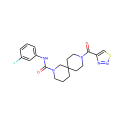 O=C(Nc1cccc(F)c1)N1CCCC2(CCN(C(=O)c3csnn3)CC2)C1 ZINC000003956348