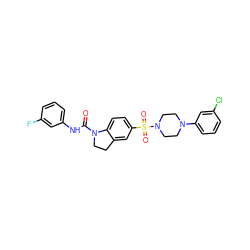 O=C(Nc1cccc(F)c1)N1CCc2cc(S(=O)(=O)N3CCN(c4cccc(Cl)c4)CC3)ccc21 ZINC000118508467