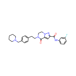 O=C(Nc1cccc(F)c1)c1cc2n(n1)CCN(CCc1ccc(CN3CCCCC3)cc1)C2=O ZINC000038149867