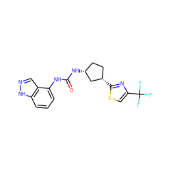 O=C(Nc1cccc2[nH]ncc12)N[C@@H]1CC[C@H](c2nc(C(F)(F)F)cs2)C1 ZINC000169704984