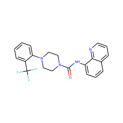 O=C(Nc1cccc2cccnc12)N1CCN(c2ccccc2C(F)(F)F)CC1 ZINC000028107613