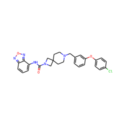 O=C(Nc1cccc2nonc12)N1CC2(CCN(Cc3cccc(Oc4ccc(Cl)cc4)c3)CC2)C1 ZINC000103263336