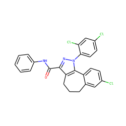 O=C(Nc1ccccc1)c1nn(-c2ccc(Cl)cc2Cl)c2c1CCCc1cc(Cl)ccc1-2 ZINC000013676072