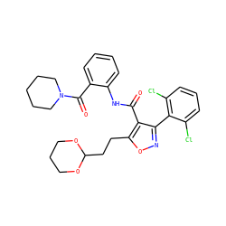 O=C(Nc1ccccc1C(=O)N1CCCCC1)c1c(-c2c(Cl)cccc2Cl)noc1CCC1OCCCO1 ZINC000028132645