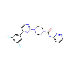 O=C(Nc1cccnn1)N1CCN(c2nccc(-c3cc(F)cc(F)c3)n2)CC1 ZINC000103267368