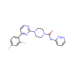 O=C(Nc1cccnn1)N1CCN(c2nccc(-c3ccc(F)cc3F)n2)CC1 ZINC000059151413