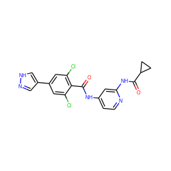 O=C(Nc1ccnc(NC(=O)C2CC2)c1)c1c(Cl)cc(-c2cn[nH]c2)cc1Cl ZINC000096928696