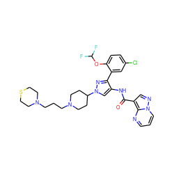 O=C(Nc1cn(C2CCN(CCCN3CCSCC3)CC2)nc1-c1cc(Cl)ccc1OC(F)F)c1cnn2cccnc12 ZINC001772614670