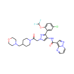 O=C(Nc1cn(CC(=O)N2CCC(CN3CCOCC3)CC2)nc1-c1cc(Cl)ccc1OC(F)F)c1cnn2cccnc12 ZINC001772597066