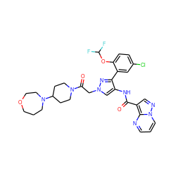 O=C(Nc1cn(CC(=O)N2CCC(N3CCCOCC3)CC2)nc1-c1cc(Cl)ccc1OC(F)F)c1cnn2cccnc12 ZINC001772656960