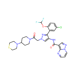 O=C(Nc1cn(CC(=O)N2CCC(N3CCSCC3)CC2)nc1-c1cc(Cl)ccc1OC(F)F)c1cnn2cccnc12 ZINC001772572933