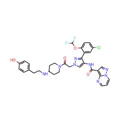 O=C(Nc1cn(CC(=O)N2CCC(NCCc3ccc(O)cc3)CC2)nc1-c1cc(Cl)ccc1OC(F)F)c1cnn2cccnc12 ZINC001772636202