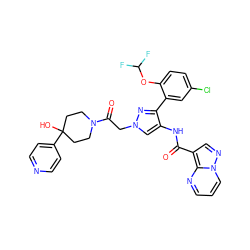 O=C(Nc1cn(CC(=O)N2CCC(O)(c3ccncc3)CC2)nc1-c1cc(Cl)ccc1OC(F)F)c1cnn2cccnc12 ZINC001772638796