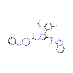 O=C(Nc1cn(CC(=O)N2CCN(Cc3ccccc3)CC2)nc1-c1cc(Cl)ccc1OC(F)F)c1cnn2cccnc12 ZINC001772600972