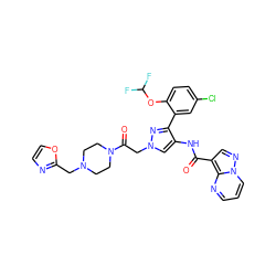 O=C(Nc1cn(CC(=O)N2CCN(Cc3ncco3)CC2)nc1-c1cc(Cl)ccc1OC(F)F)c1cnn2cccnc12 ZINC001772588953