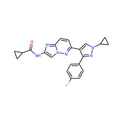 O=C(Nc1cn2nc(-c3cn(C4CC4)nc3-c3ccc(F)cc3)ccc2n1)C1CC1 ZINC000220050005