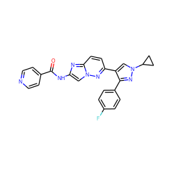 O=C(Nc1cn2nc(-c3cn(C4CC4)nc3-c3ccc(F)cc3)ccc2n1)c1ccncc1 ZINC000219998366