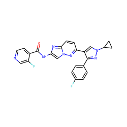 O=C(Nc1cn2nc(-c3cn(C4CC4)nc3-c3ccc(F)cc3)ccc2n1)c1ccncc1F ZINC001772571306