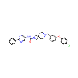 O=C(Nc1cnc(-c2ccccc2)nc1)N1CC2(CCN(Cc3cccc(Oc4ccc(Cl)cc4)c3)CC2)C1 ZINC000103263348