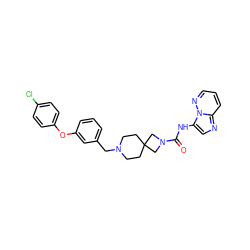 O=C(Nc1cnc2cccnn12)N1CC2(CCN(Cc3cccc(Oc4ccc(Cl)cc4)c3)CC2)C1 ZINC000103258668