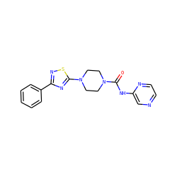 O=C(Nc1cnccn1)N1CCN(c2nc(-c3ccccc3)ns2)CC1 ZINC000042922486