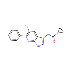 O=C(Nc1n[nH]c2nc(-c3ccccc3)c(Cl)cc12)C1CC1 ZINC000013538557