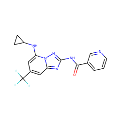 O=C(Nc1nc2cc(C(F)(F)F)cc(NC3CC3)n2n1)c1cccnc1 ZINC000059102467