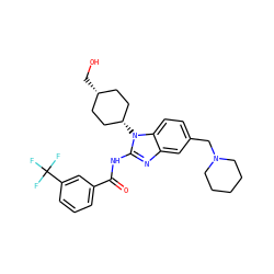 O=C(Nc1nc2cc(CN3CCCCC3)ccc2n1[C@H]1CC[C@@H](CO)CC1)c1cccc(C(F)(F)F)c1 ZINC000653749373