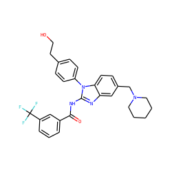 O=C(Nc1nc2cc(CN3CCCCC3)ccc2n1-c1ccc(CCO)cc1)c1cccc(C(F)(F)F)c1 ZINC000117542784