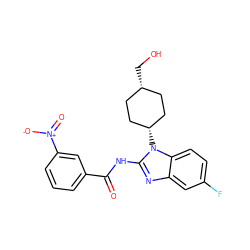 O=C(Nc1nc2cc(F)ccc2n1[C@H]1CC[C@@H](CO)CC1)c1cccc([N+](=O)[O-])c1 ZINC000653755715