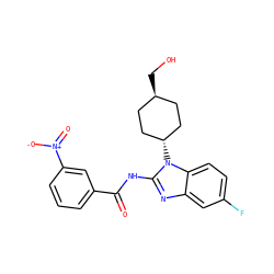 O=C(Nc1nc2cc(F)ccc2n1[C@H]1CC[C@H](CO)CC1)c1cccc([N+](=O)[O-])c1 ZINC000653755717