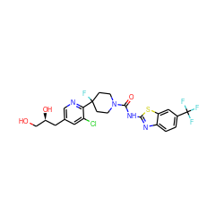 O=C(Nc1nc2ccc(C(F)(F)F)cc2s1)N1CCC(F)(c2ncc(C[C@H](O)CO)cc2Cl)CC1 ZINC000143004854