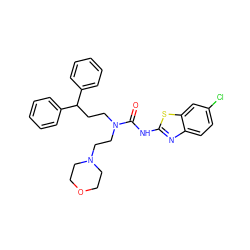 O=C(Nc1nc2ccc(Cl)cc2s1)N(CCC(c1ccccc1)c1ccccc1)CCN1CCOCC1 ZINC000096258263