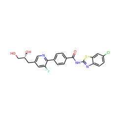 O=C(Nc1nc2ccc(Cl)cc2s1)c1ccc(-c2ncc(C[C@@H](O)CO)cc2F)cc1 ZINC000207252289