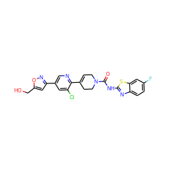 O=C(Nc1nc2ccc(F)cc2s1)N1CC=C(c2ncc(-c3cc(CO)on3)cc2Cl)CC1 ZINC000149589408